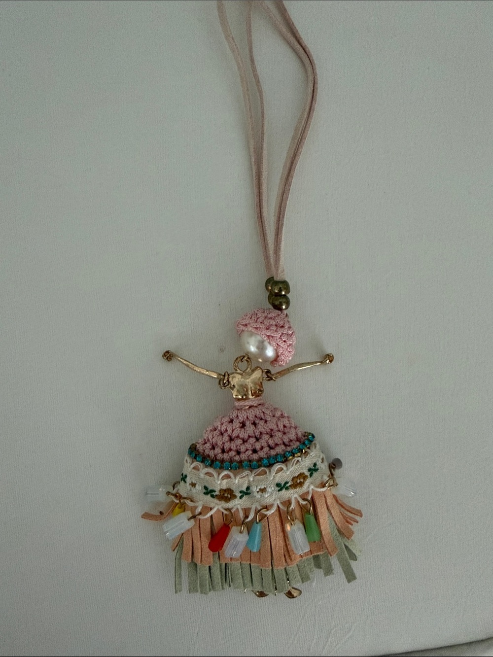 NWOT Handcrafted Pink Doll Fringed Pendant Necklace